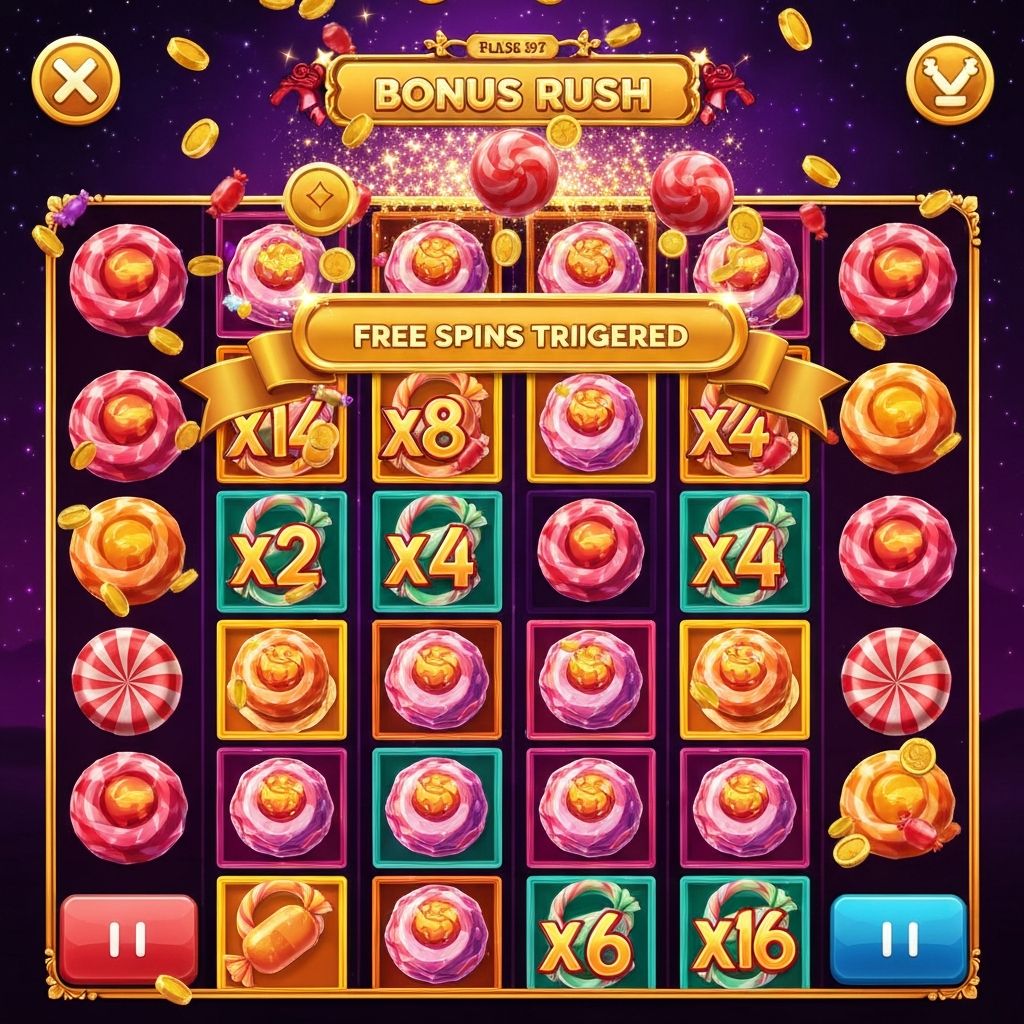 Sugar Rush — активация бонусных бесплатных вращений с сеткой множителей до ×128